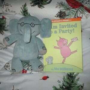 Mo Willems Elephant plush and I am Invited to a Party hardcover book.